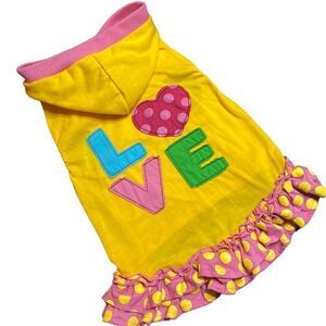 LOVE Embroidered Pink Yellow Polka Dot Dog Dress